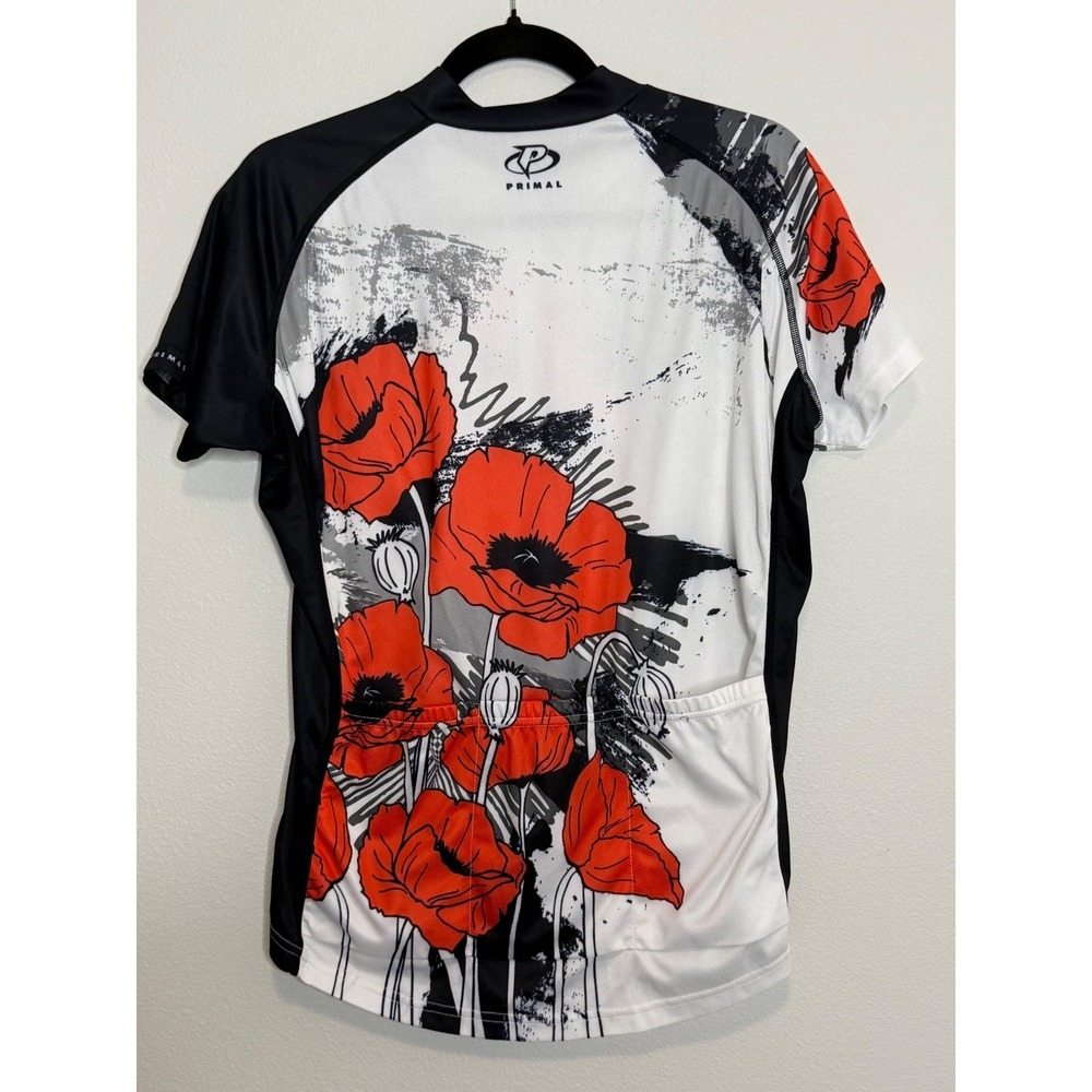 Primal Women's Red Poppy Floral Short Sleeve Quarter Zip Top Cycling Jersey  L - Picture 2 of 6